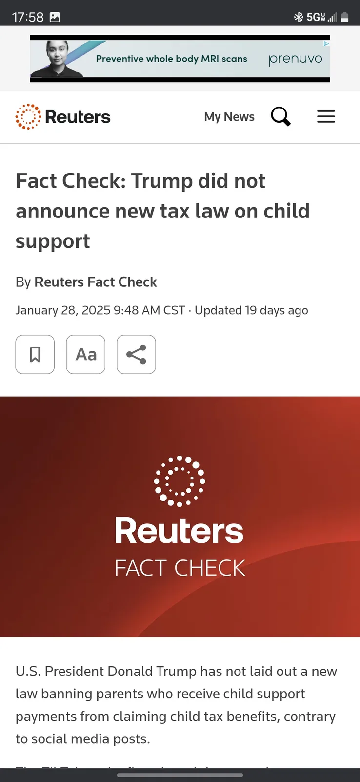 A screenshot of a Reuters Fact Check article dated January 28, 2025, debunking claims that Donald Trump announced a new tax…