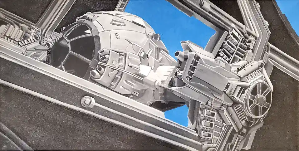 A detailed grayscale drawing of a futuristic spaceship or mech, viewed from below, with a bright blue sky visible through an…