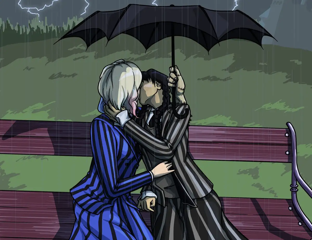 Two anime-style characters, one with white hair in a blue striped dress and the other with black braids in a grey striped…