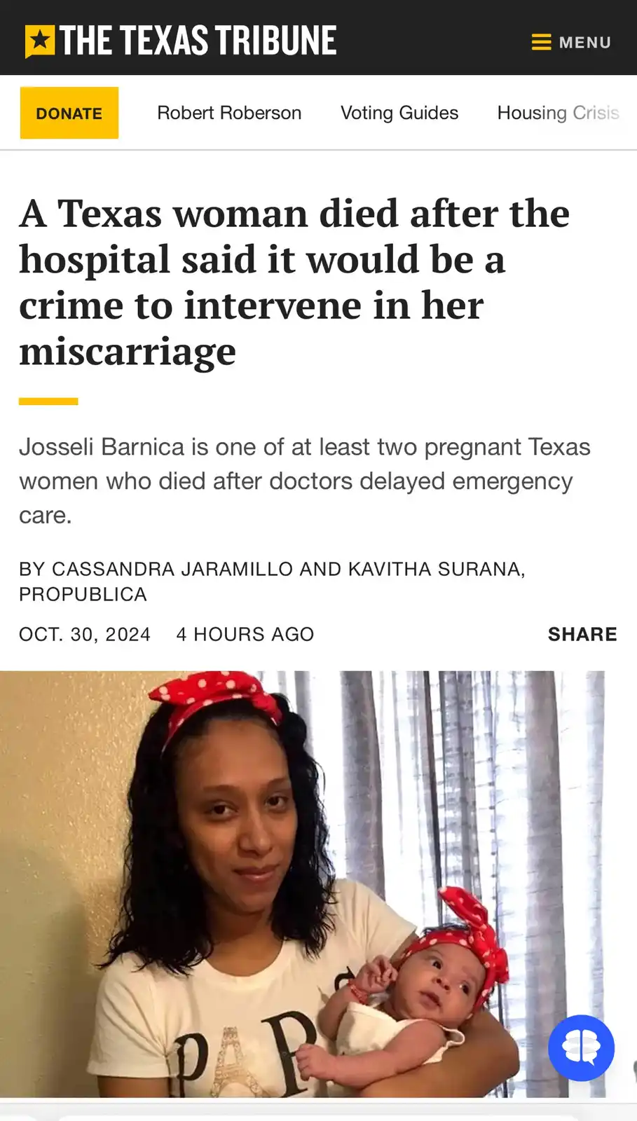 The image shows a screenshot of a news article from The Texas Tribune with a headline about a woman's death after hospital…