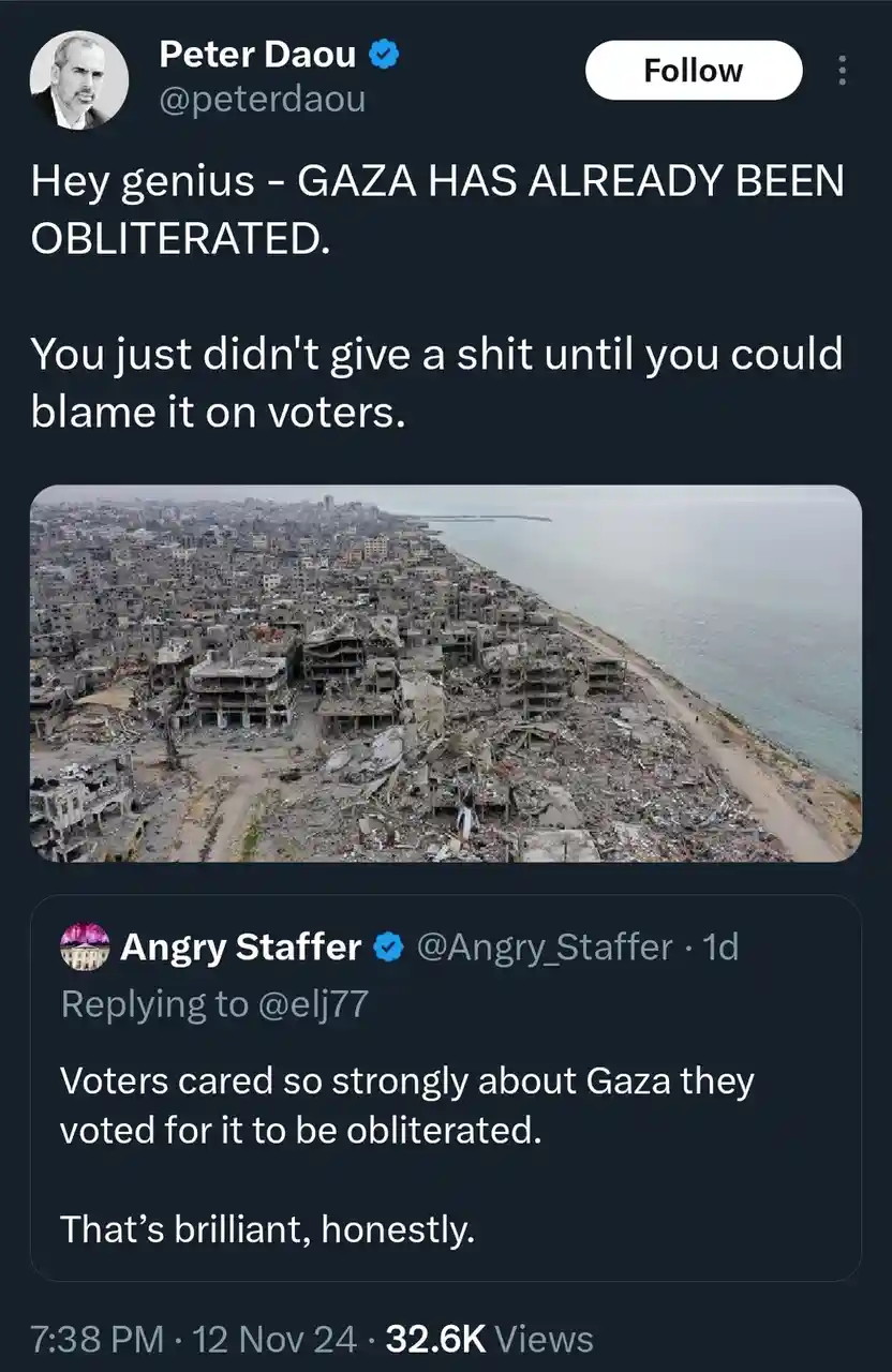 A screenshot of a Twitter thread shows a tweet from Peter Daou featuring an aerial photo of a heavily destroyed coastal…