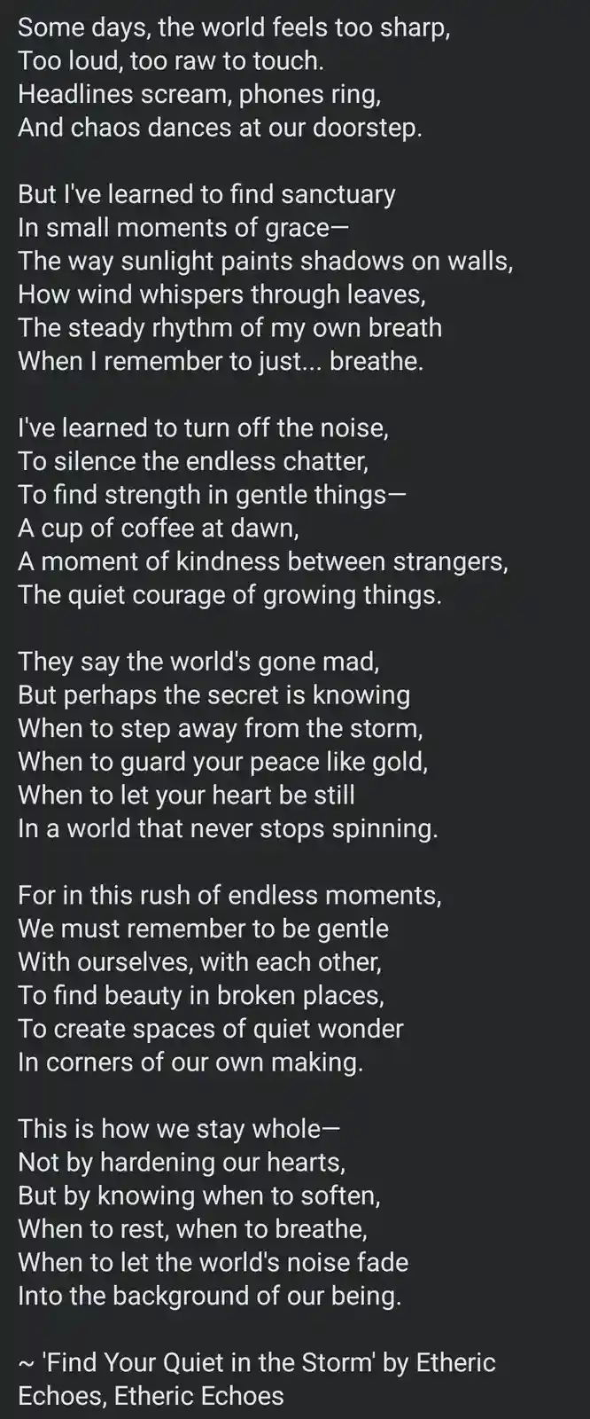 The image displays a poem titled 'Find Your Quiet in the Storm' by Etheric Echoes, written in white text on a solid dark…