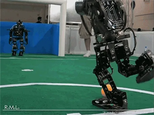 A six-panel sequence shows a humanoid robot attempting to kick a small orange ball on a green turf field. The robot starts…