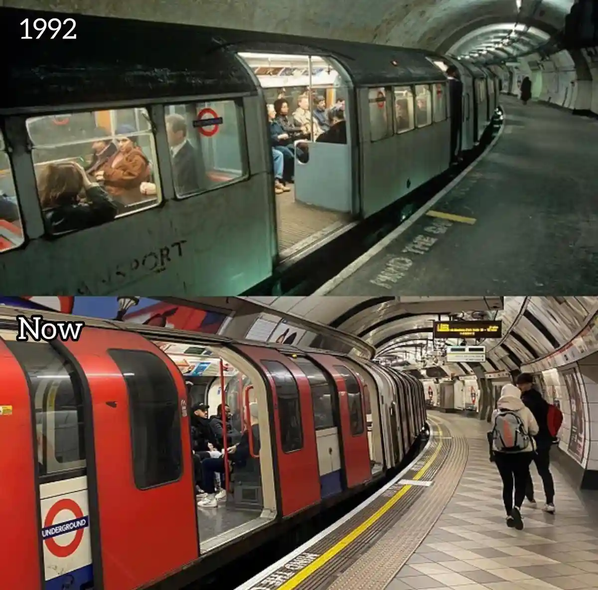 The image is a two-panel meme comparing a London Underground train from 1992 with a modern one. The top panel shows an…