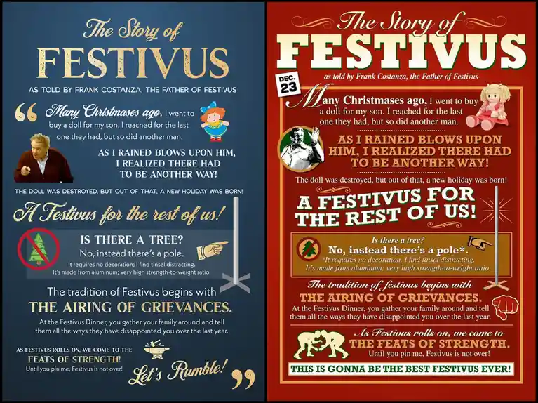 This image is a split-panel meme detailing 'The Story of Festivus' as told by Frank Costanza from Seinfeld. The left panel…
