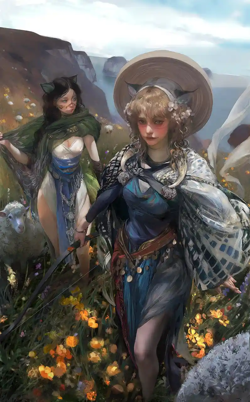 Two fantasy women with cat ears stand in a field of flowers and grass near cliffs; one holds a bow, the other wears a…