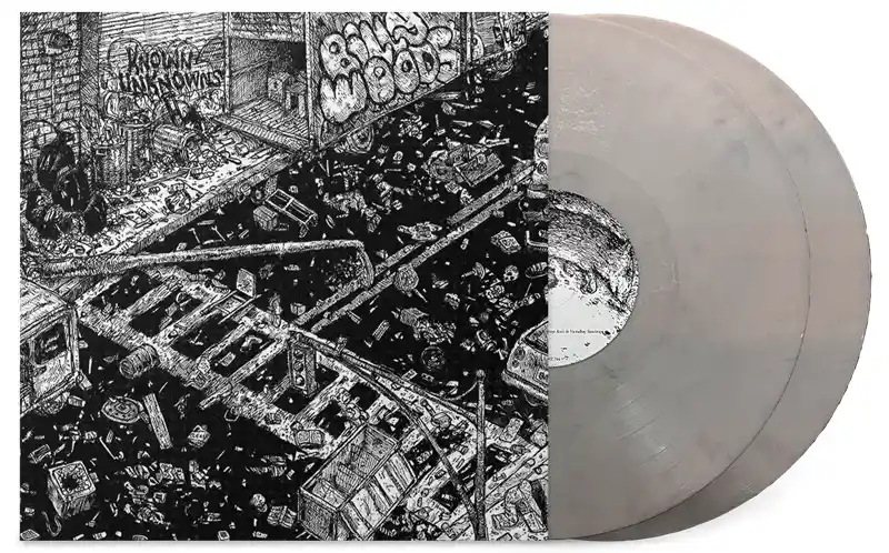 A black-and-white, highly detailed ink drawing depicts a chaotic, cluttered urban alleyway filled with discarded items…