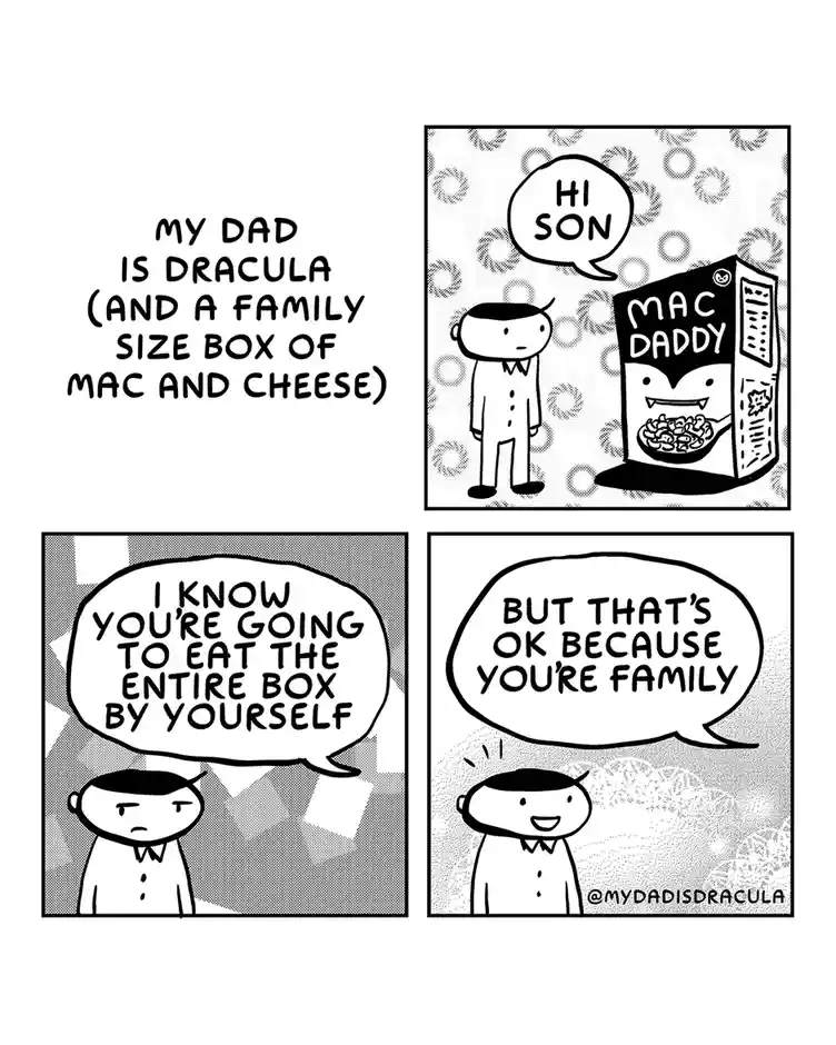 A four-panel comic strip shows a son meeting his dad, who is a box of mac and cheese labeled 'Mac Daddy' with a vampire…