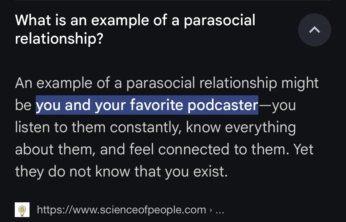 A screenshot of a dark-themed webpage showing a definition of parasocial relationship, with the phrase 'you and your…