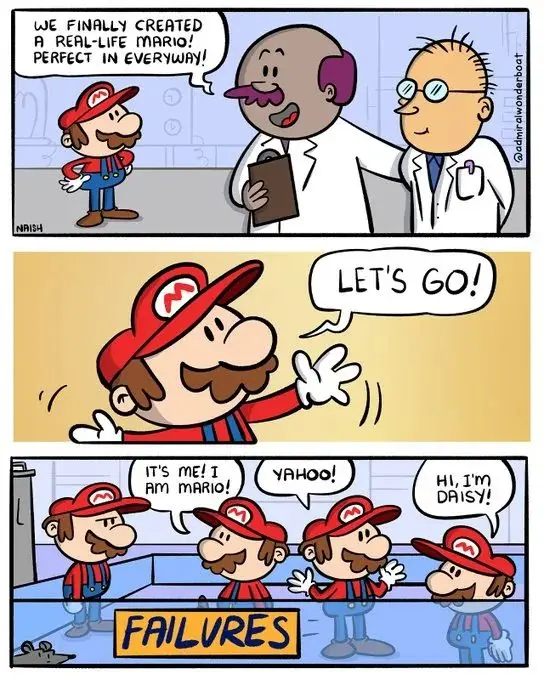 A three-panel comic strip shows scientists proudly presenting a 'real-life Mario' who exclaims 'Let's go!' before revealing…