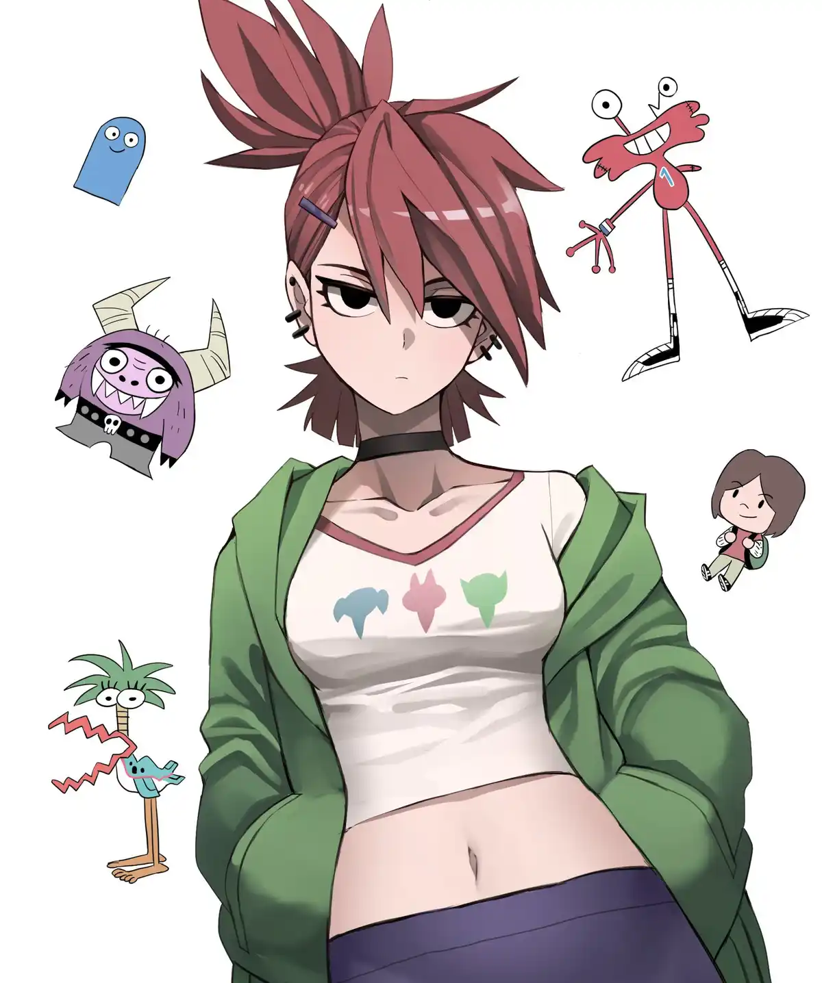 An anime-style girl with spiky red hair and a green jacket stands center-frame with a bored expression, surrounded by five…