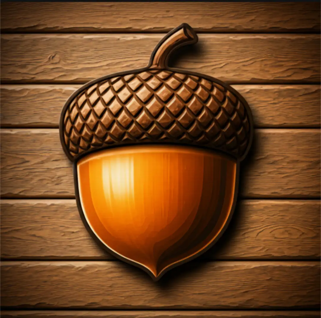 A stylized, glossy acorn with a detailed cap and smooth nut is centered on a wooden plank background. The acorn has a warm…