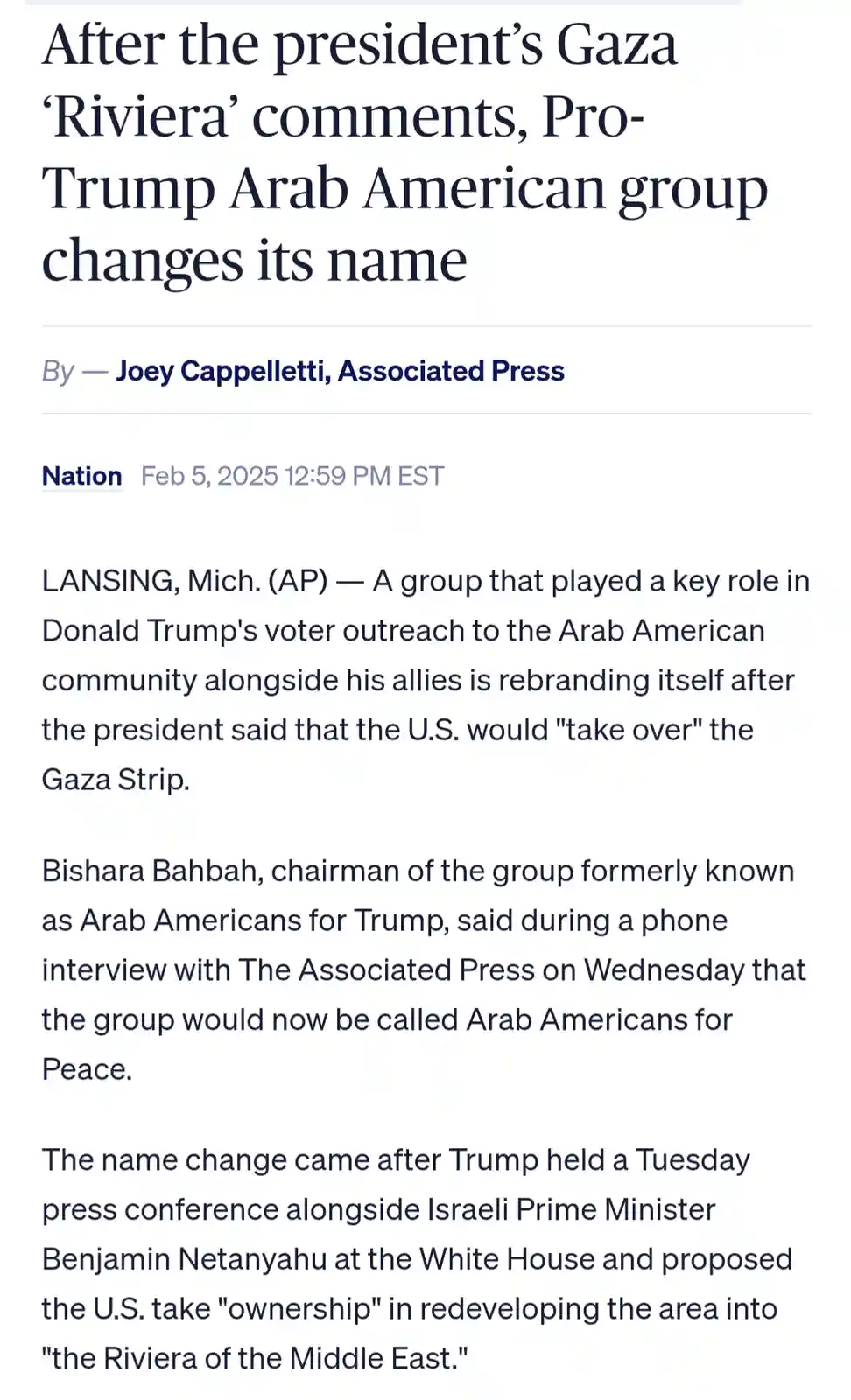 A screenshot of an Associated Press news article dated February 5, 2025, detailing how a pro-Trump Arab American group…