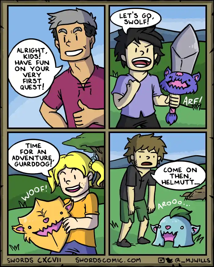 A four-panel comic strip shows a man encouraging kids on their first quest, each with a pet monster companion. The first kid…