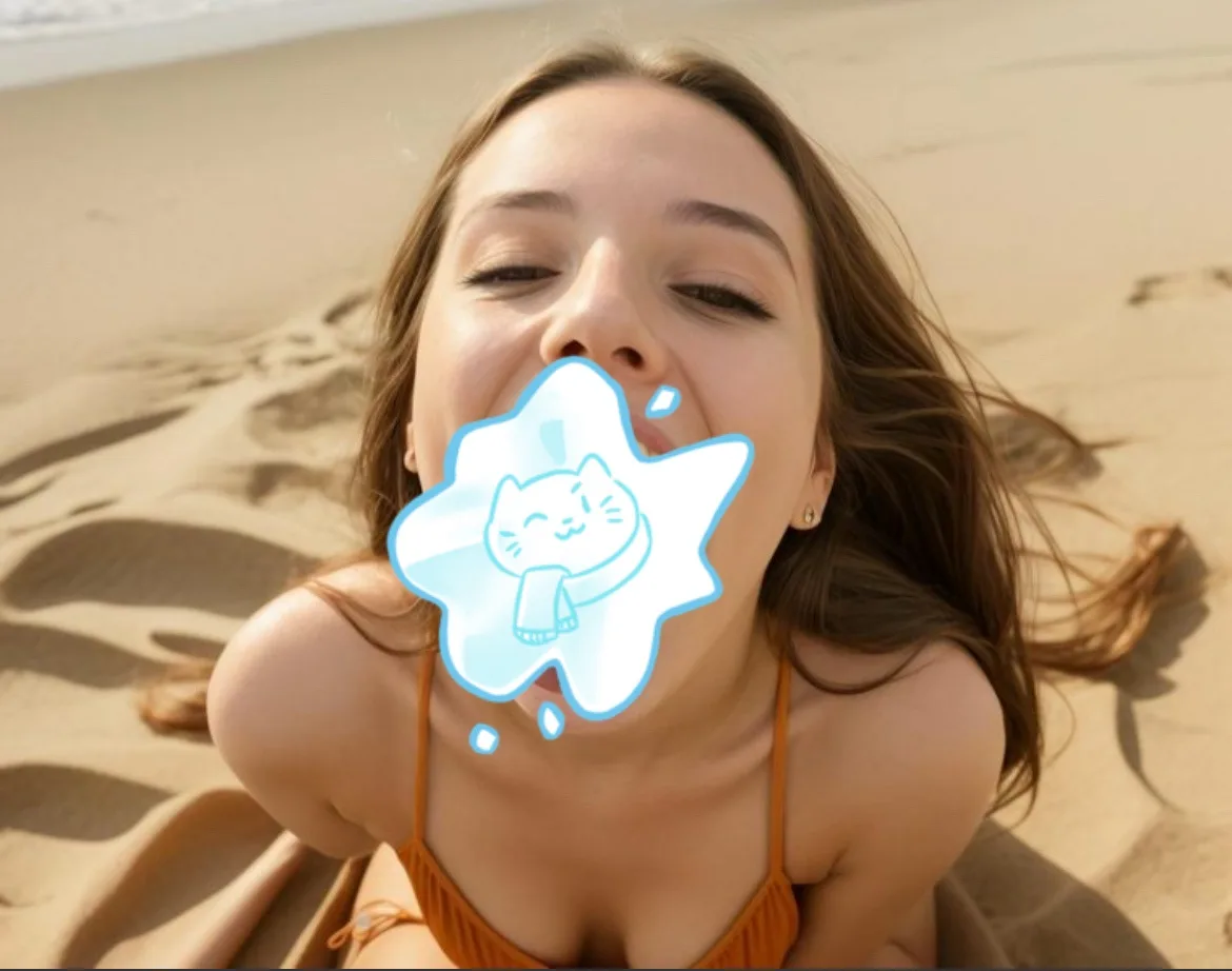 A woman with brown hair lies on a sandy beach wearing an orange bikini, smiling with her eyes closed. A cartoon ice cube…