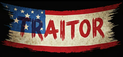 A weathered American flag banner with the word 'TRAITOR' written in large, red, brush-stroke letters across the center. The…