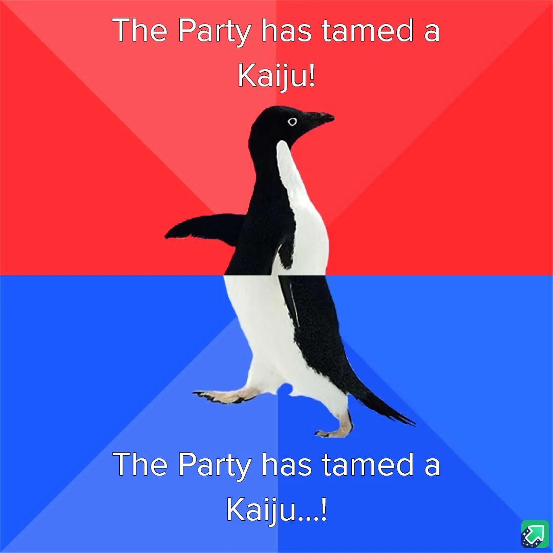 A penguin stands centered against a red and blue background split diagonally. The top half has white text reading 'The Party…