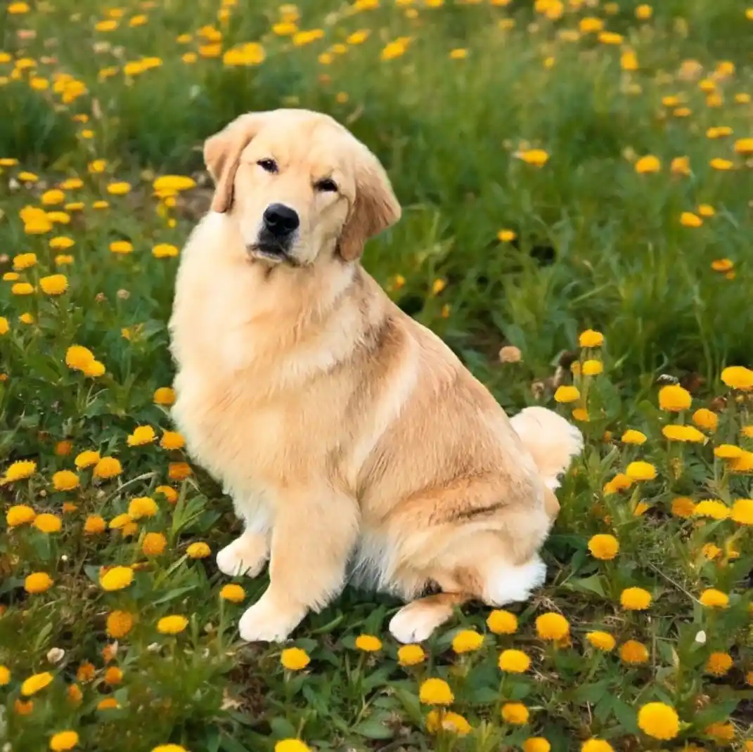 a golden retriever puppy sits calmly in a field of yellow dandelions, looking slightly drowsy or unenthusiastic. The…