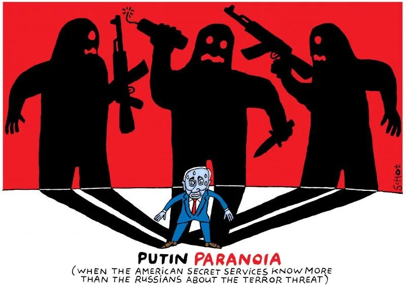 A cartoon depicts a small, terrified man in a blue suit and red tie standing before three large, menacing black silhouettes…