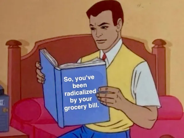 A cartoon man in a yellow vest sits on a red bed holding a blue book open, with white text overlaid on the book's pages…
