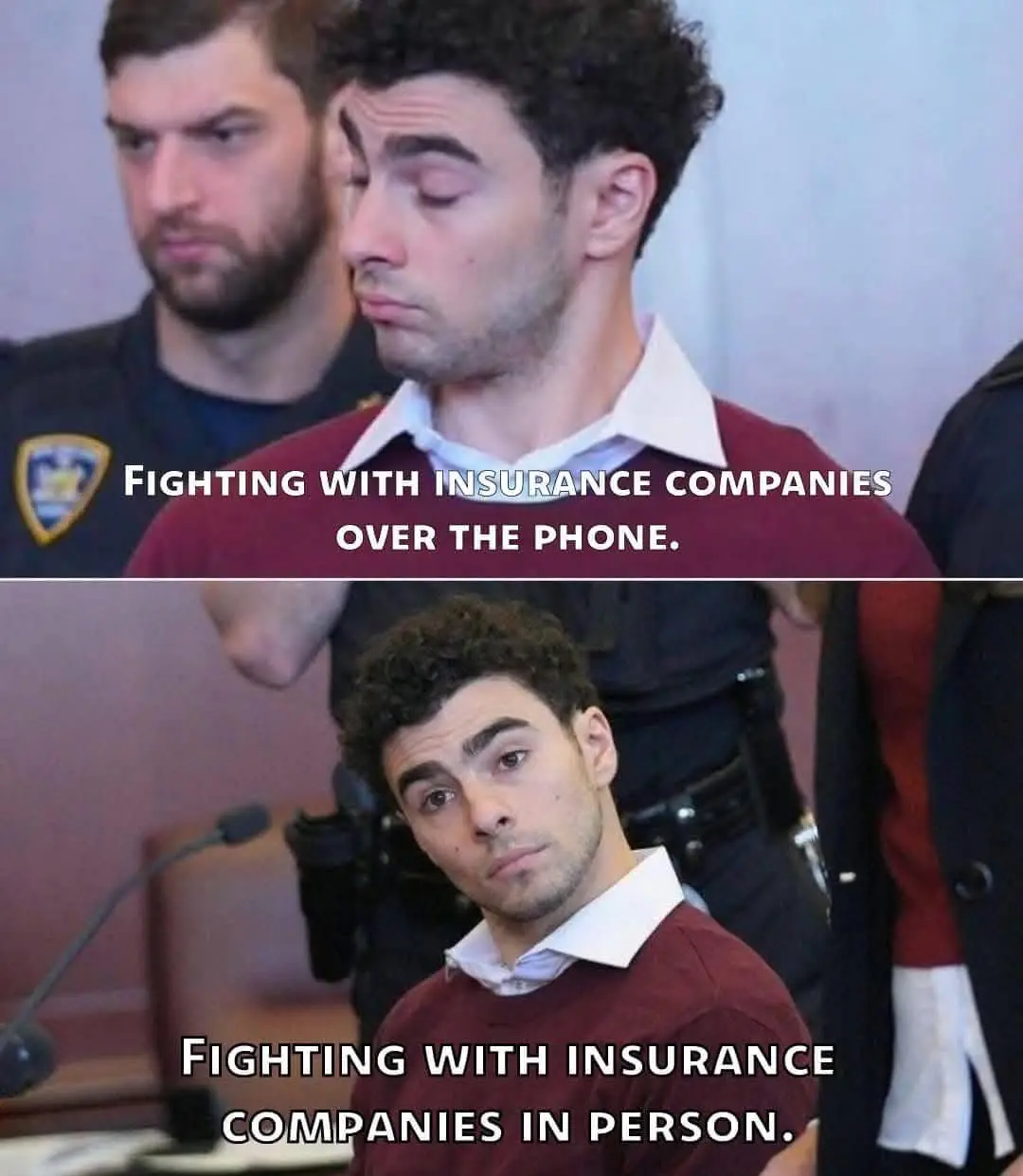 The image is a two-panel meme featuring a man in a maroon sweater with a white collar, first shown with eyes closed and a…