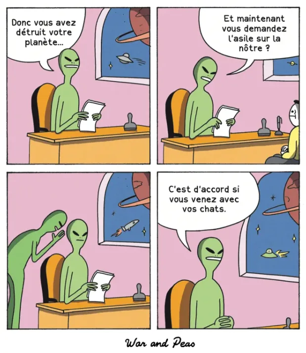 A four-panel comic strip from 'War and Peas' shows a green alien bureaucrat at a desk reviewing a document. The alien first…