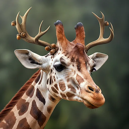 A close-up of a giraffe's head with digitally added deer antlers adorned with acorns, looking slightly smug or unimpressed…