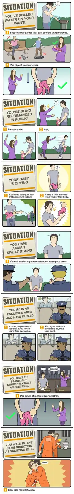 A comic strip outlines absurd, step-by-step solutions to embarrassing public situations, often using a baby as a cover-up…
