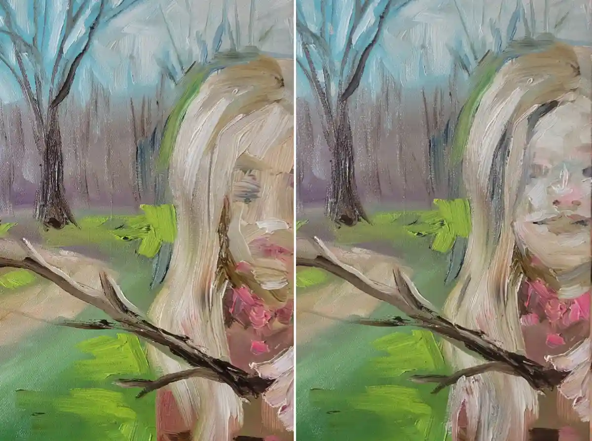 This image displays a side-by-side comparison of an oil painting. The left panel shows a portrait of a woman with long…