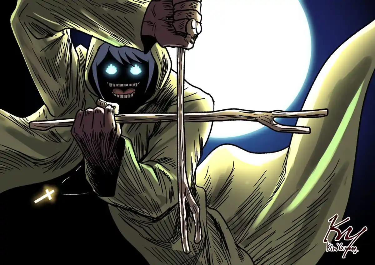 A cartoonish grim reaper with glowing blue eyes and a wide grin holds a wooden cross made of two sticks, one of which has a…