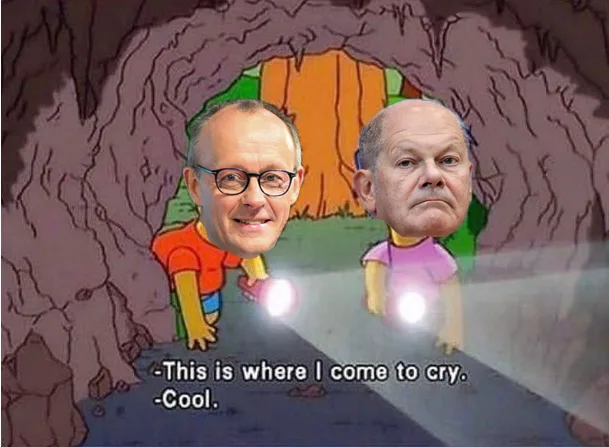 Two men with photoshopped heads are shown in a cartoon cave, each holding a flashlight. The man on the left, wearing an…