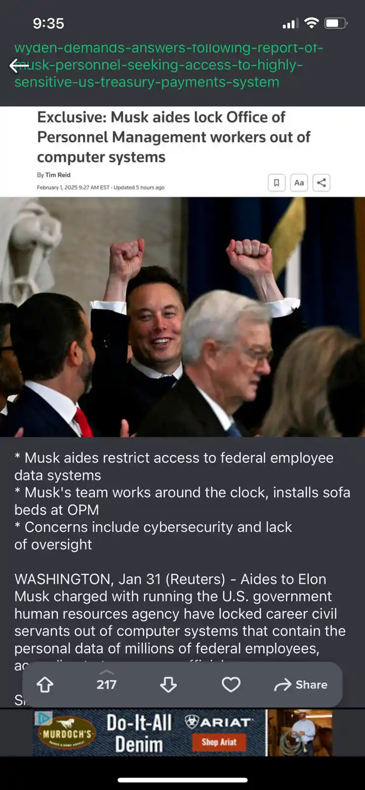 A screenshot of a news article headline about Musk aides locking out OPM workers, overlaid on a photo of Elon Musk raising…