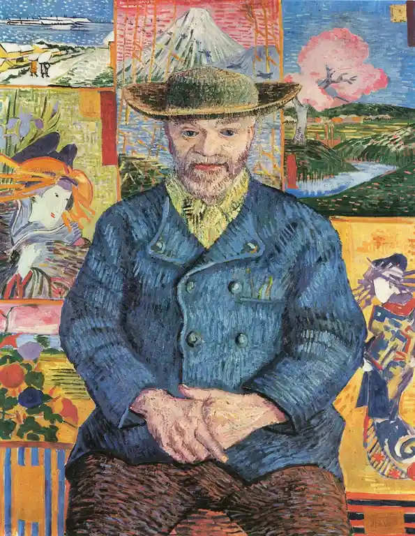 A painting of Vincent van Gogh wearing a straw hat and blue coat, seated with hands clasped, surrounded by Japanese ukiyo-e…