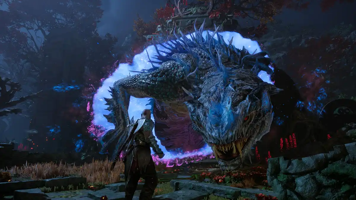 A muscular warrior in armor stands facing a massive, glowing blue dragon with red eyes and sharp teeth in a dark, mystical…