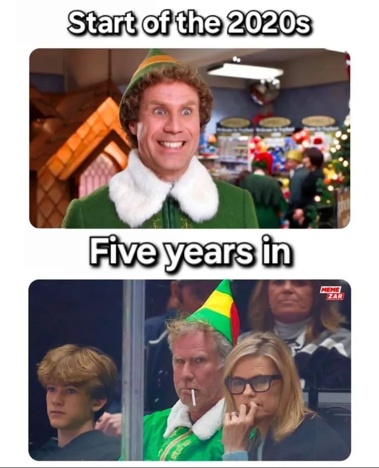 The top panel shows a cheerful, wide-eyed man in a green elf costume with a white fur collar, set in a festive, cluttered…