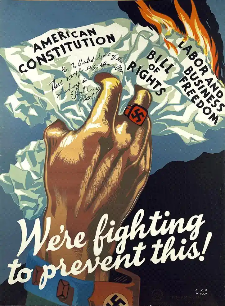 A vintage propaganda poster shows a large, muscular hand with a swastika ring burning a document labeled 'AMERICAN…