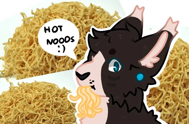 A cartoon black cat with blue eyes and pink inner ears is shown eating noodles, with a speech bubble above its head that…