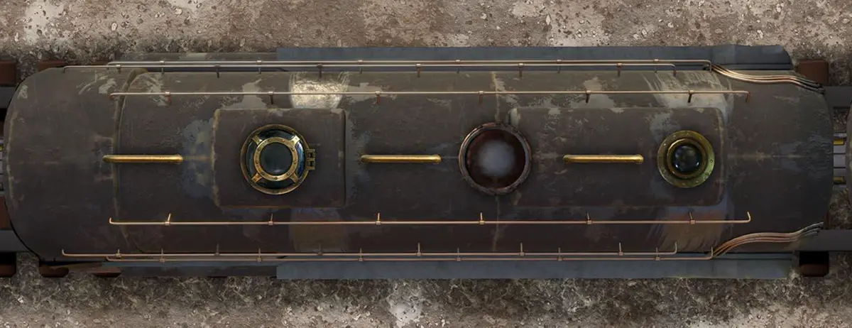 An overhead view of a rusty, weathered train engine with three circular windows and brass railings, overlaid with the text…