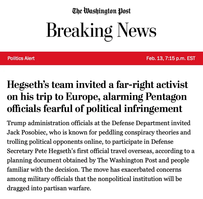 The image displays a mock Washington Post breaking news article with a red banner reading 'Politics Alert' and a date stamp…