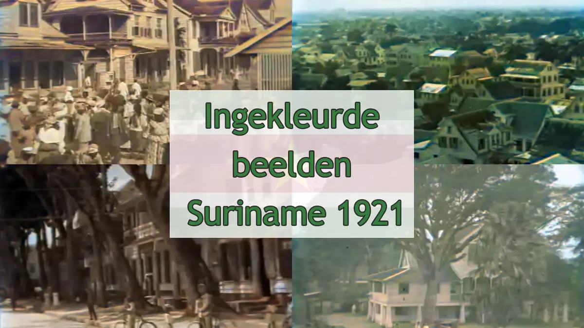A collage of four vintage, colorized photographs depicting scenes from Suriname in 1921, including crowded street views…