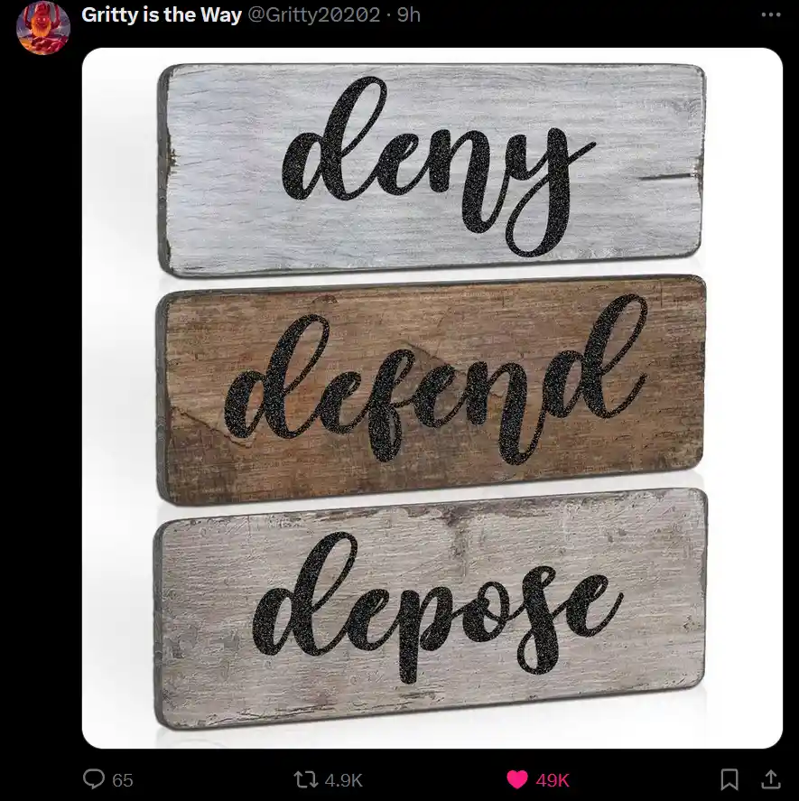 Three rustic wooden signs stacked vertically, each with black cursive text: 'deny', 'defend', and 'depose'. The signs have…