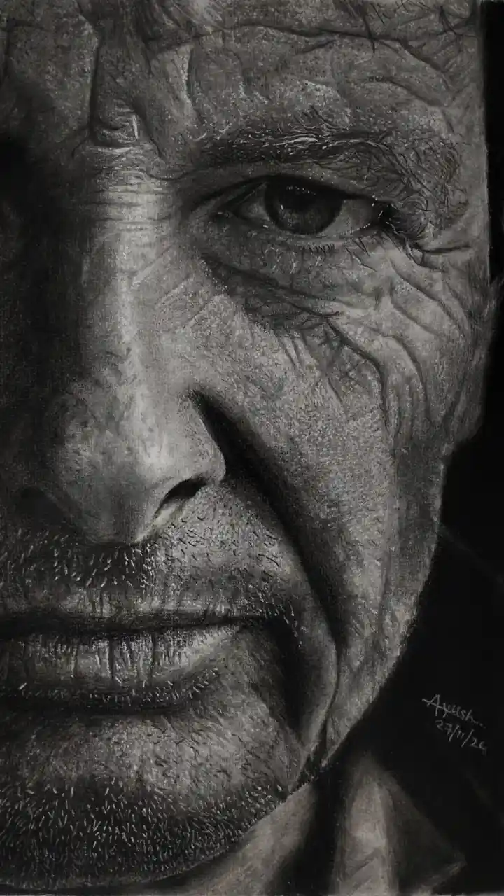 A highly detailed, realistic charcoal drawing of an elderly man's face, showing deep wrinkles, textured skin, and intense…