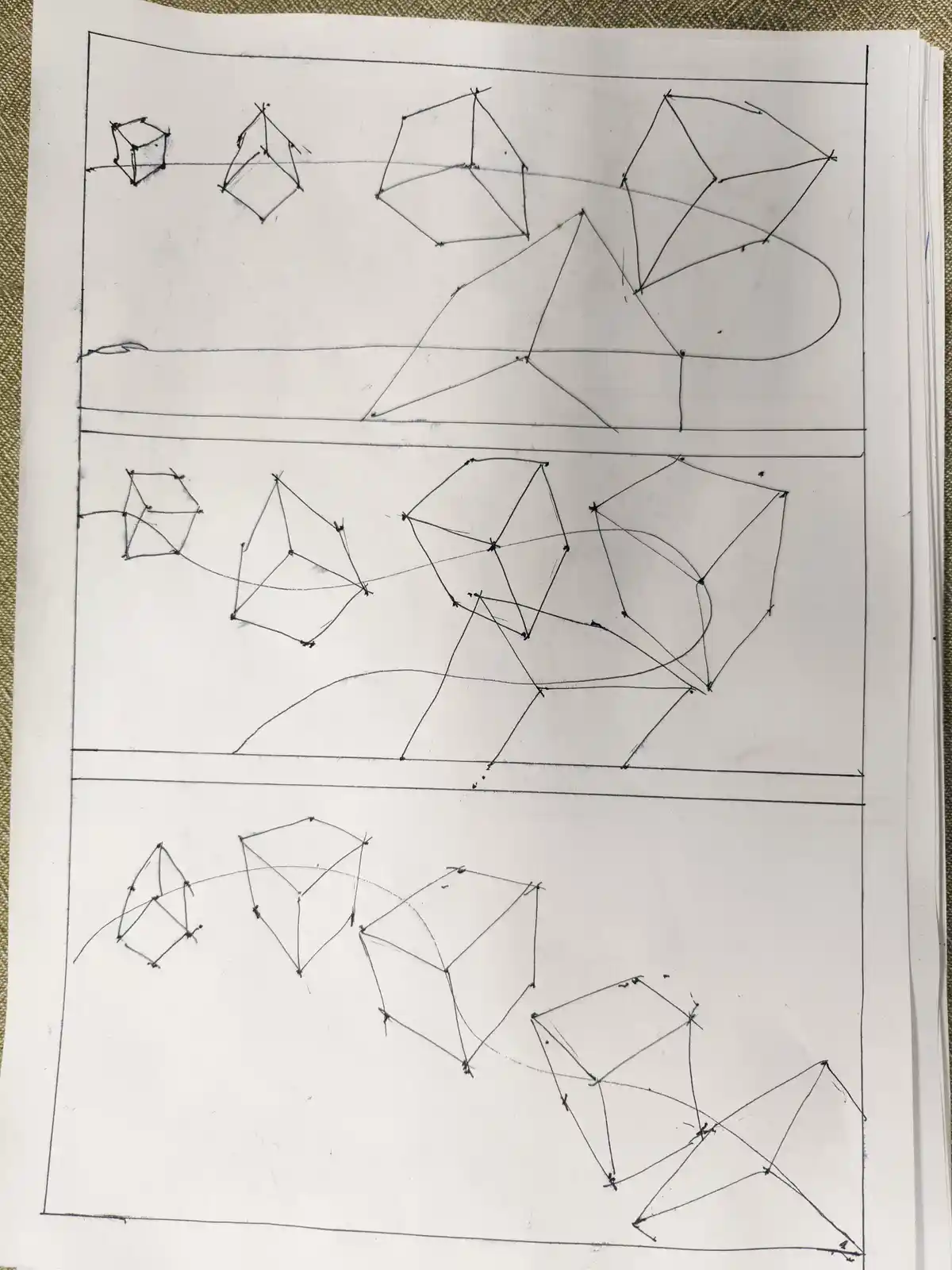 A hand-drawn sketch on paper shows three horizontal rows of progressively more complex and distorted cube drawings, starting…