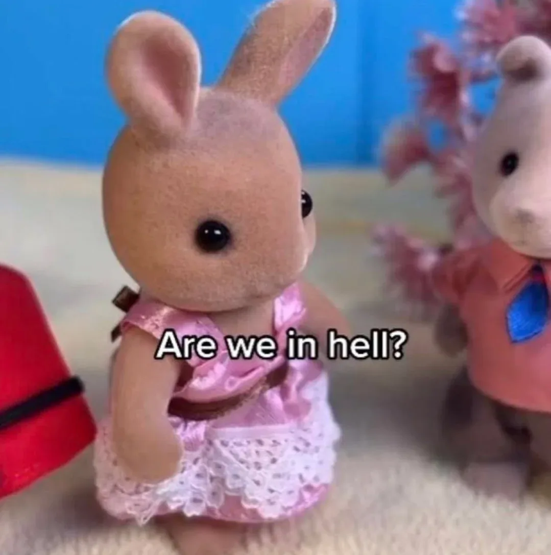 A close-up of a small, brown Sylvanian Families bunny doll wearing a pink dress with lace trim, looking confused or…
