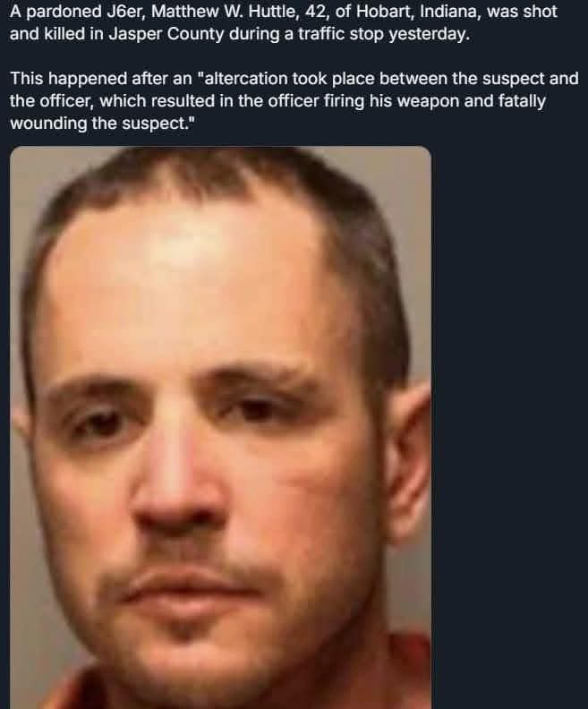 The image shows a mugshot of a man with short brown hair and a neutral expression. Overlaid text reports that a pardoned…