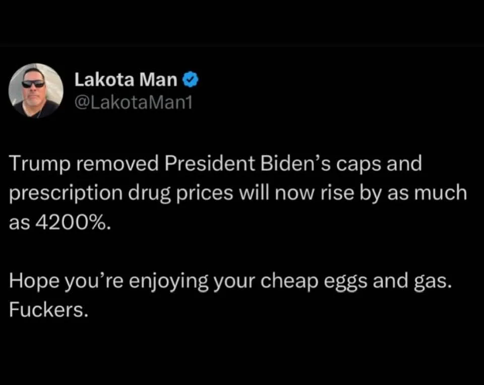 A screenshot of a tweet from 'Lakota Man' (@LakotaMan1) with a profile picture of a man wearing sunglasses. The tweet text…