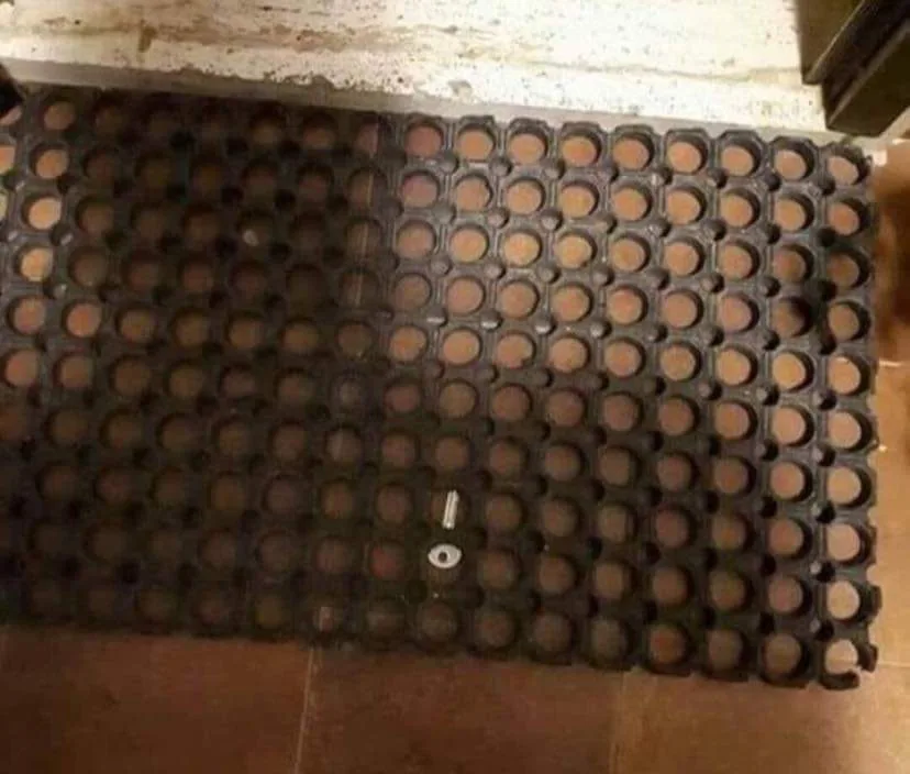 A close-up photo shows a dark, grid-patterned rubber doormat with circular holes, placed on tiled flooring. A single key…