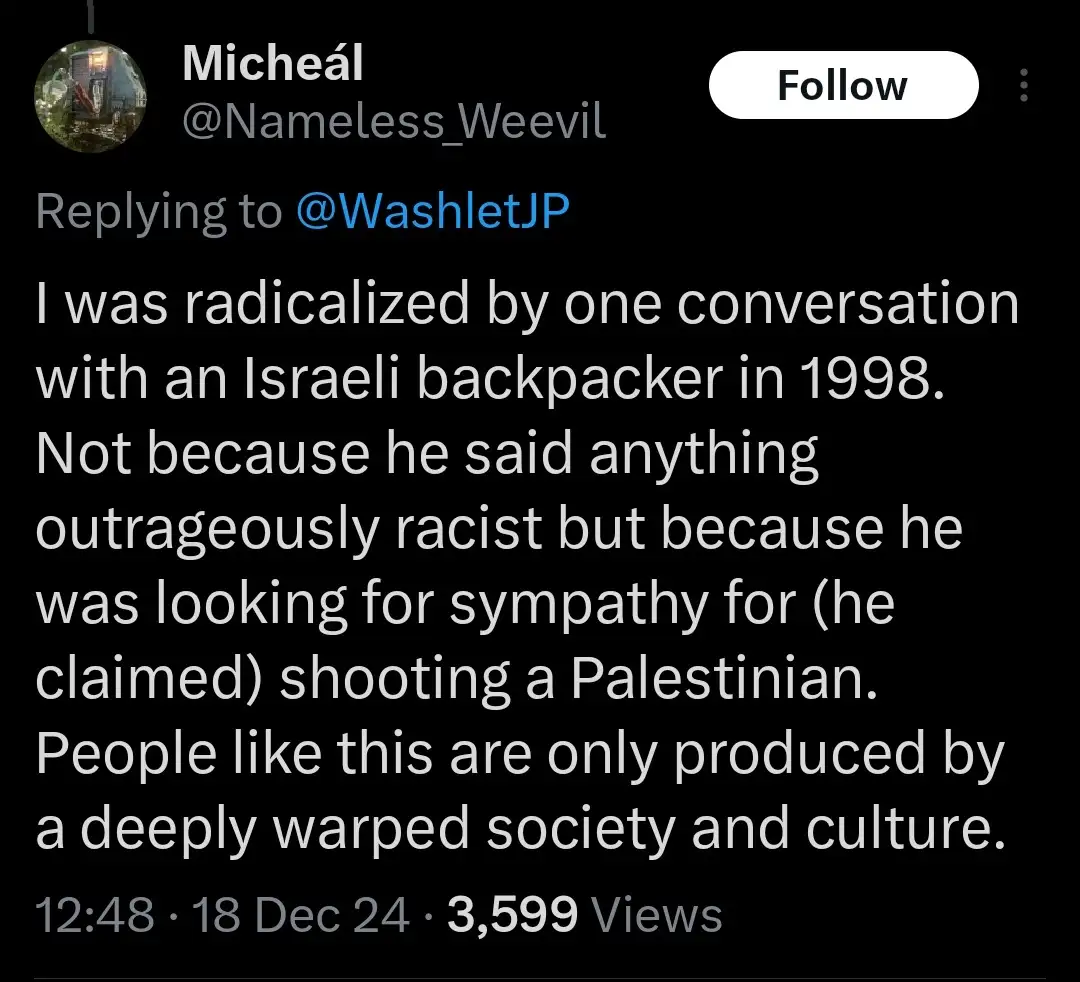 A screenshot of a Twitter/X post by user Micheál (@Nameless_Weevil) replying to @WashletJP. The post's white text on a black…