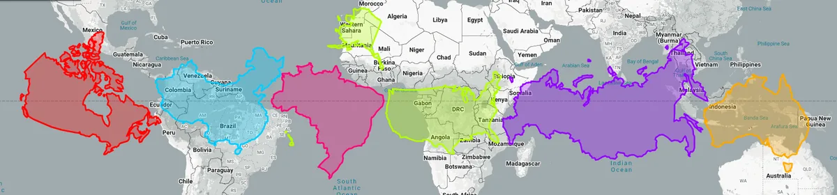 a world map with countries colored differently based on their land area, with the largest countries highlighted in red…