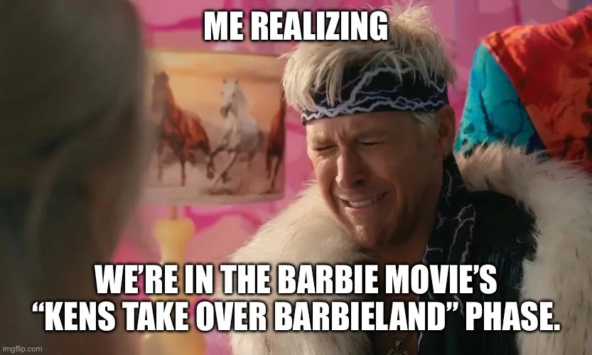 A man with bleached hair, a patterned headband, and a fur-trimmed jacket grimaces while looking down, overlaid with the text…